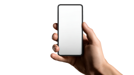 Human hand holding modern smartphone with blank screen for app promotion and product display applications