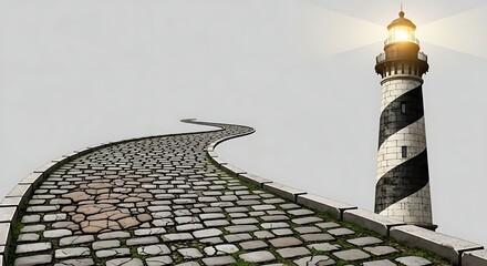 Winding Cobblestone Path Leading to a Bright and Shining Lighthouse