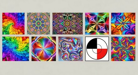 Diverse colorful abstract designs arranged on a plain beige background.