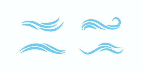 Blue water wave icon set vector illustration. Modern abstract sea or ocean waves symbols for eco-friendly branding, spa, surfing, or mineral water logo design