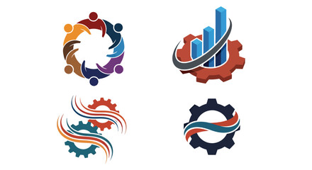 A collection of vector graphics featuring business-related icons with gears, charts, and people, perfect for corporate branding and marketing materials, designed with a modern and professional