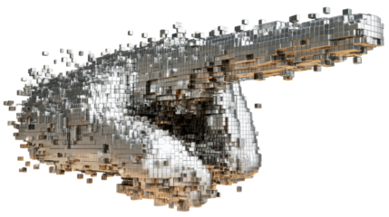 Metallic cubes disintegrate and scatter in a dynamic, abstract explosion, ideal for conveying themes of data loss, fragmentation, or digital transformation.