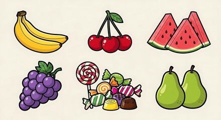 Assorted cartoon fruits and candies forming an appealing colorful collection