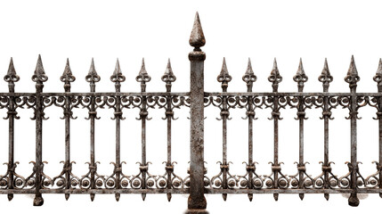 Weathered cast iron fence with ornate scrollwork and pointed finials, offering vintage security and antique property boundary visuals for traditional architectural themes.