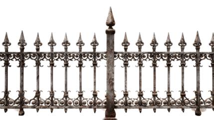 Weathered cast iron fence with ornate scrollwork and pointed finials, offering vintage security and antique property boundary visuals for traditional architectural themes.