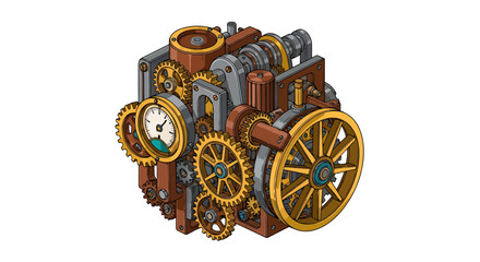 Isometric vector illustration showcases a complex steampunk machine with intricate gears, pressure gauge, and aged metallic textures, evoking a sense of vintage industrial fantasy.