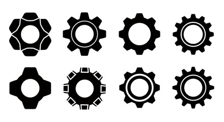 Set of eight gear icons in black, representing various mechanical or industrial concepts, presented as clean, scalable vector graphics for design applications.