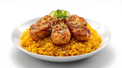 Roasted chicken with yellow turmeric rice on white plate isolated.