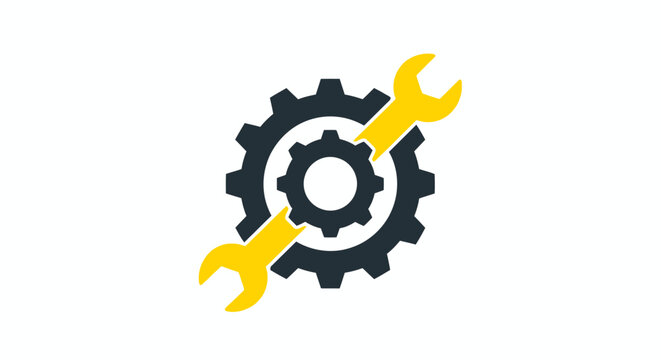 A sleek vector illustration depicts a dark grey cogwheel with a bright yellow wrench crossing over it, symbolizing repair, settings, or mechanical solutions.