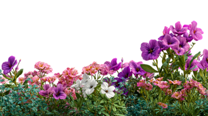 Vibrant garden border filled with lush green foliage and an abundance of colorful blooming flowers in shades of purple pink and white perfect for floral design and nature themes