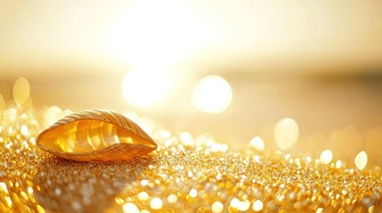 Golden seashell on a bed of glittering sand.