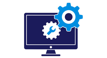 A vector illustration depicts a computer monitor with gear icons, symbolizing technology, settings, and maintenance, ideal for digital design and technical support concepts.