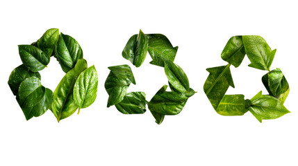 Eco friendly recycling symbols formed from lush green wet leaves conveying sustainability and environmental protection for ecological campaigns and green initiatives.