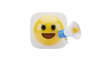 3D Happy Emoji With Megaphone Announcing Something on transparent background