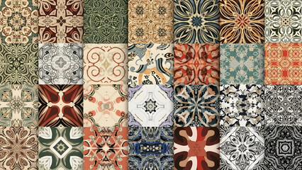 Discover a diverse collection of intricate seamless patterns, featuring ornate and geometric designs with a vintage aesthetic, perfect for textiles, digital backgrounds, and decorative projects