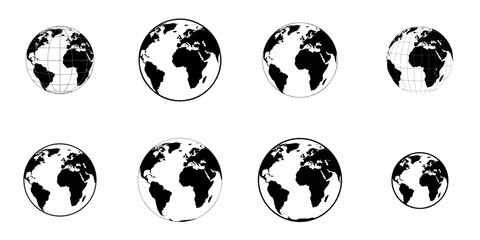 Black and white Earth globe vector icons set showing the continents and global connections, isolated on a white background for geography and business concepts. © Nadya