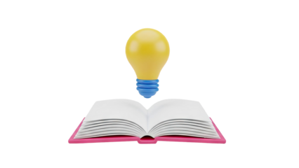 3D Illustration of an open book with a glowing light bulb above on transparent background