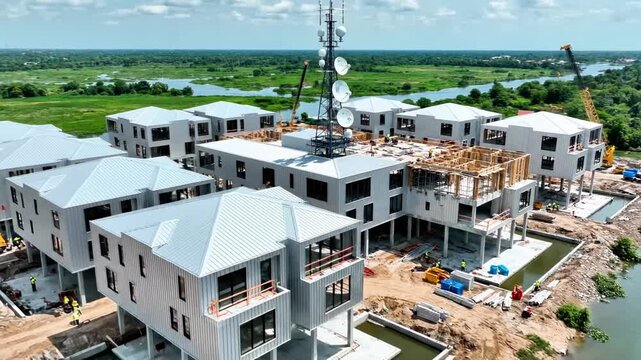 Aerial view of a large construction site with multiple white buildings under development, surrounded by green fields and a body of water