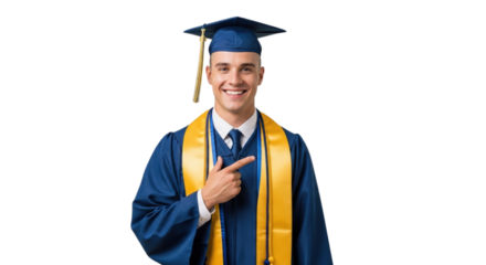 Young Male Graduate in Blue Cap, Gown, and Gold Stole Smiling and Pointing
