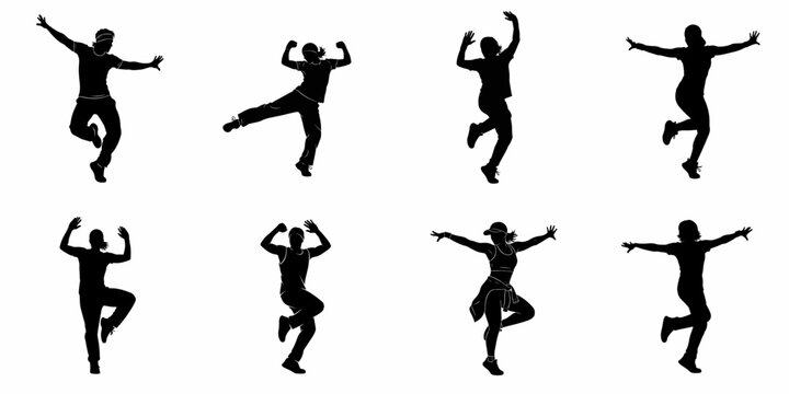 Eight energetic dancers in mid-air poses, black silhouette vector illustration set on a white background, symbolizing freedom and movement.