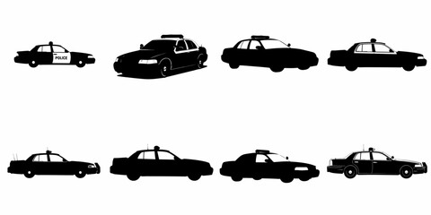 Set of eight black and white silhouettes and icons depicting various classic American police patrol cars, including Crown Victoria models, isolated on white background. © Nadya