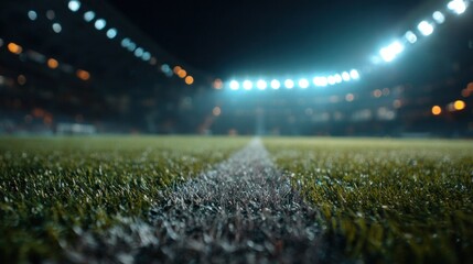 A nighttime view of a football field, showcasing the grass and white line, illuminated by stadium lights.