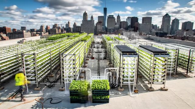 Workers in yellow vests on a rooftop with rows of solar panels in a city