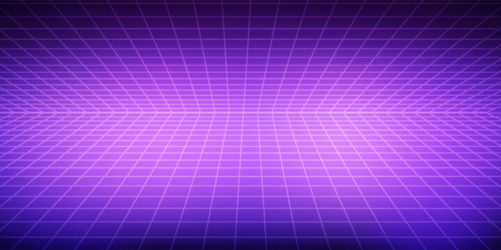 Neon wireframe horizon background. Light purple grid room floor in perspective. Glow violet retro futuristic wallpaper. Abstract checkered plane landscape. Game floor surface. Vector backdrop