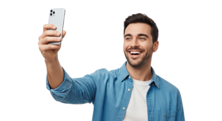 Happy young man taking a selfie portrait with a smartphone and smiling broadly