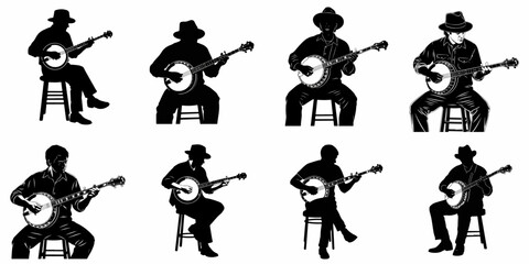 Collection of Banjo Player Silhouettes: Eight unique vector illustrations of men sitting and performing traditional folk, bluegrass, and country music.
