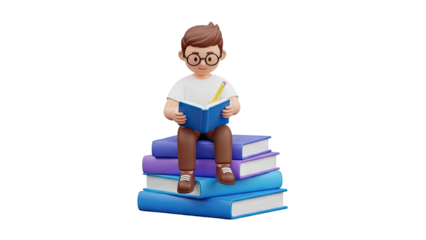 3D Boy wearing glasses reading a book on a stack of books on transparent background