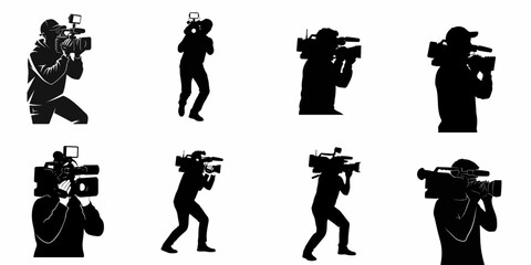 A collection of eight black silhouettes depicting professional cameramen, videographers, and news reporters operating broadcast video cameras. © Nadya