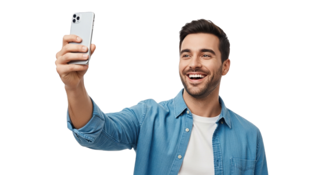 Happy young man taking a selfie portrait with a smartphone and smiling broadly - Powered by Adobe