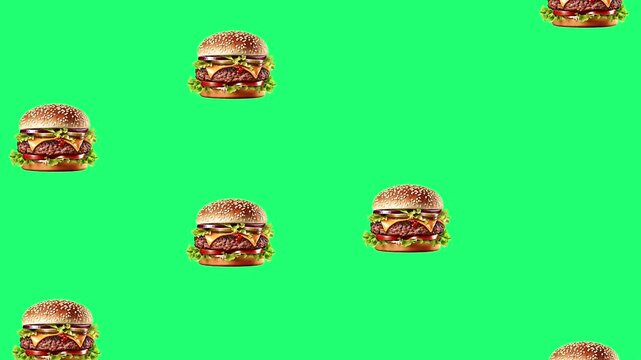 Burgers falling on green screen chroma key background.