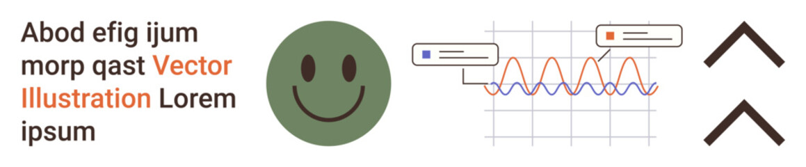 Fototapeta premium Data analysis, communication, positivity, progress tracking, digital interface, trends. Green happy, grid graph and arrows. Data analysis and communication concept with icons and symbols