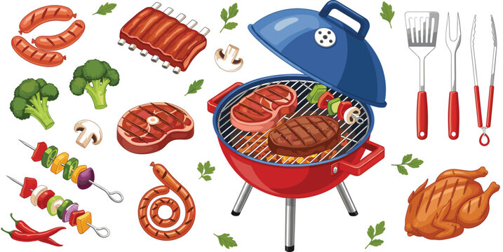 Collection of BBQ grill vector illustrations featuring red kettle charcoal grill steak ribs sausages chicken skewers vegetables and grilling tools on white background