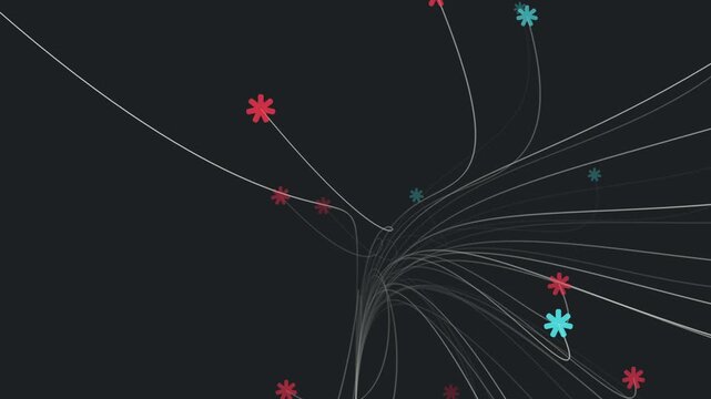Minimalist animation featuring elegant white lines that emerge from a central base, swaying like underwater flora. The tips of these "stems" are adorned with soft, pastel-colored flower icons that pul
