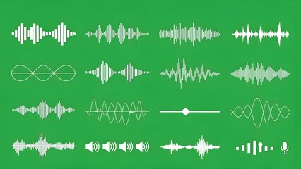 Different audio waveform and sound wave icons isolated on green background for music and audio-related projects.