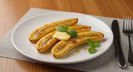 焼きバナナのバター添え：ミントが香る上品な温かいデザートのクローズアップ