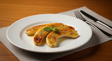 焼きバナナのバター添え：ミントが香る上品な温かいデザートのクローズアップ