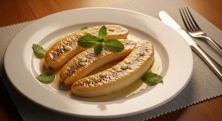 焼きバナナのバター添え：ミントが香る上品な温かいデザートのクローズアップ