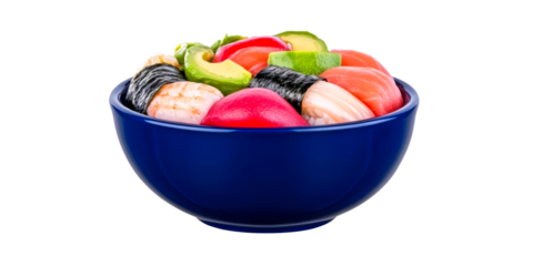 A vibrant and delicious selection of fresh Japanese sushi and sashimi, including salmon, tuna, shrimp, and avocado, neatly arranged in a blue bowl for a healthy meal or culinary inspiration.