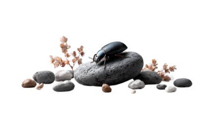 Dark beetle standing on a smooth gray rock surrounded by small stones and dried flower branches for a natural zen arrangement perfect for calm lifestyle content