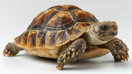 Obraz premium Close up studio shot of a brown land turtle showing detailed shell texture and reptile features, isolated on neutral background for wildlife, biology, or nature concepts.