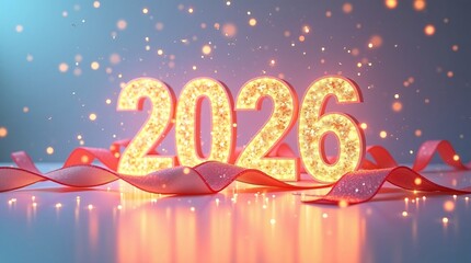 Glittering Golden 2026 Digits with Red Ribbon and Light Particles for New Year Celebration