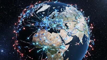 A stunning visual representation of global digital network connections spanning across the Earths continents illustrating the intricate web of data transfer communication and technological infrastruc. - Powered by Adobe