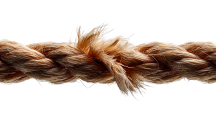 Close up of a natural fiber rope showing a severely frayed and weakened section suggesting risk or breaking point for concepts of stress and resilience in business.