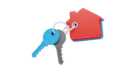 3D House shape keychain with two keys on transparent background
