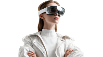 Young woman wearing sleek white futuristic VR goggles and modern fashion apparel for tech lifestyle content marketing or innovation advertisements
