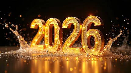 Golden Illuminated 2026 Digits with Splash Effect on Dark Background for New Year Celebration